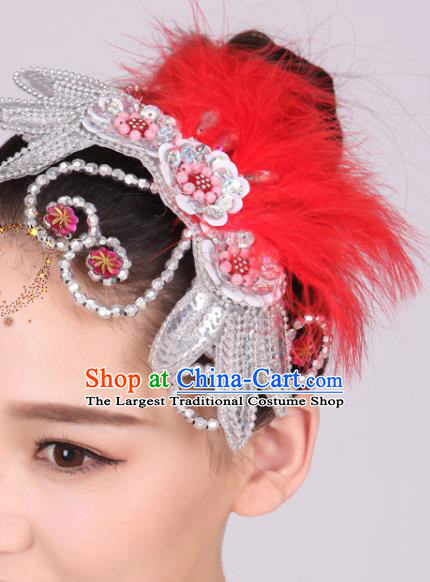 Chinese Traditional Yangko Dance Red Feather Hair Stick National Folk Dance Hair Accessories for Women