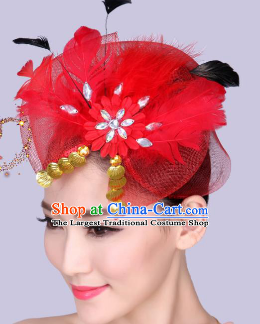 Chinese Traditional Yangko Dance Red Feather Bowknot Hair Claw National Folk Dance Hair Accessories for Women