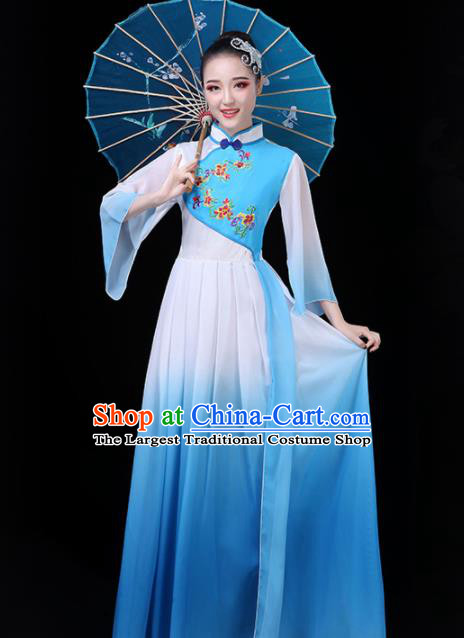 Chinese Traditional Umbrella Dance Blue Costume Classical Dance Group Dance Dress for Women