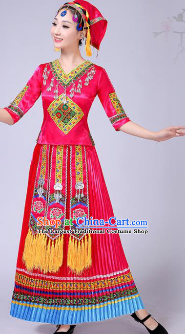 Chinese Traditional Ethnic Folk Dance Costume Yi Nationality Wedding Rosy Dress for Women