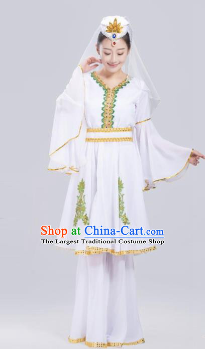 Chinese Traditional Uigurian Ethnic Folk Dance Costume Uyghur Nationality Dance White Dress for Women