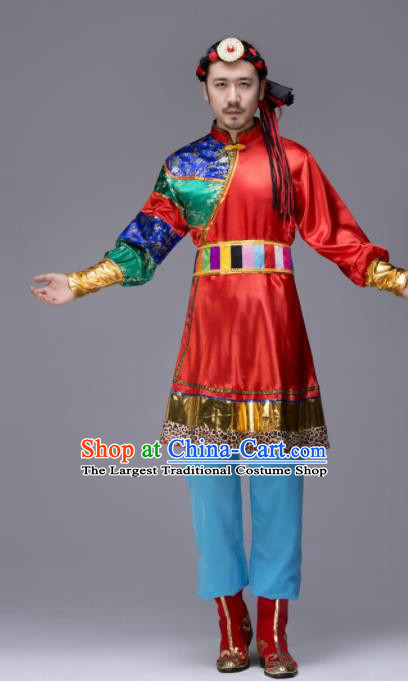 Chinese Traditional Tibetan Ethnic Folk Dance Costume Zang Nationality Dance Red Clothing for Men