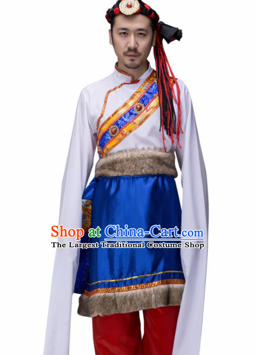 Chinese Traditional Tibetan Ethnic Water Sleeve Costume Zang Nationality Folk Dance Clothing for Men