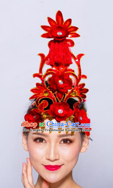 Chinese Traditional Folk Dance Hair Accessories Stage Performance Yangko Dance Red Flowers Headwear for Women