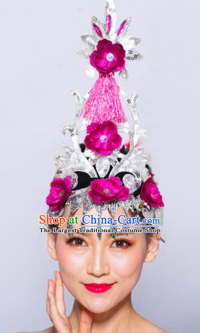 Chinese Traditional Folk Dance Hair Accessories Stage Performance Yangko Dance Rosy Flowers Headwear for Women