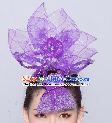 Chinese Traditional Folk Dance Hair Accessories Stage Performance Yangko Dance Purple Veil Headwear for Women