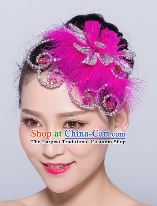 Chinese Traditional Folk Dance Rosy Feather Hair Accessories Stage Performance Yangko Dance Hair Stick for Women