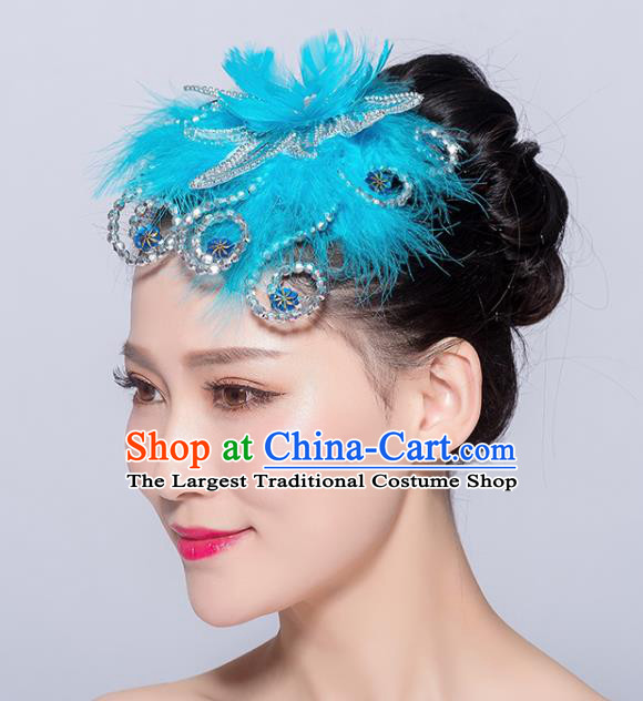 Chinese Traditional Folk Dance Blue Feather Hair Stick Stage Performance Yangko Dance Hair Accessories for Women
