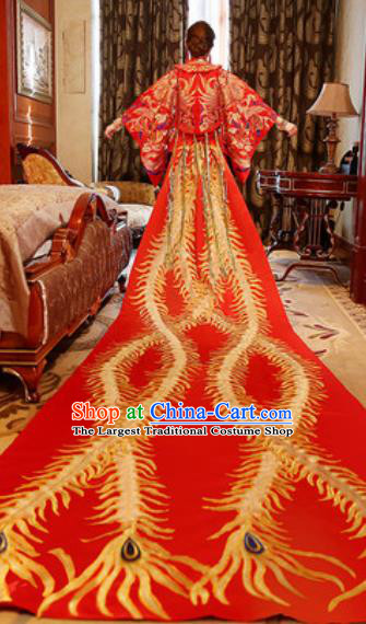 Traditional Chinese Embroidered Phoenix Trailing Wedding Dress Ancient Bride Red Xiu He Costume for Women