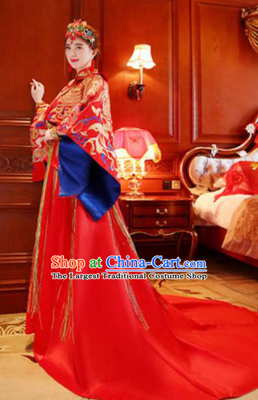 Traditional Chinese Embroidered Phoenix Trailing Wedding Dress Ancient Bride Red Xiu He Costume for Women