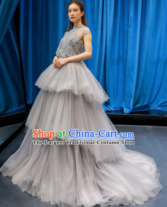 Top Grade Compere Grey Veil Full Dress Princess Embroidered Wedding Dress Costume for Women