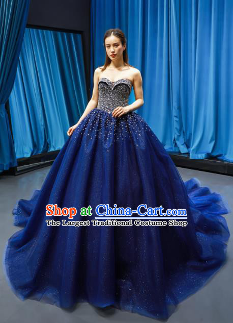 Top Grade Compere Royalblue Veil Full Dress Princess Embroidered Wedding Dress Costume for Women