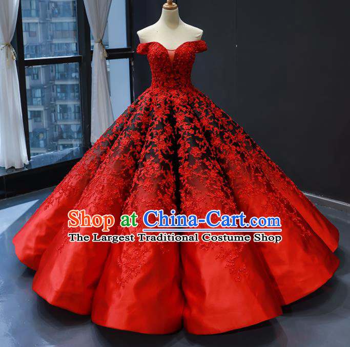 Top Grade Compere Red Full Dress Princess Embroidered Wedding Dress Costume for Women