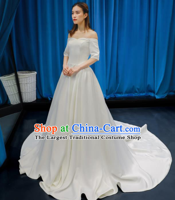 Top Grade Flat Shouders Wedding Dress Bride Full Dress Princess Costume White Satin Gown for Women