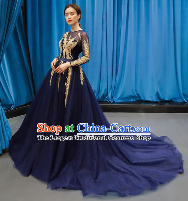 Top Grade Compere Navy Veil Trailing Full Dress Princess Wedding Dress Costume for Women