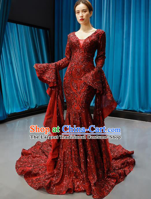 Top Grade Compere Full Dress Princess Red Paillette Trailing Wedding Dress Costume for Women