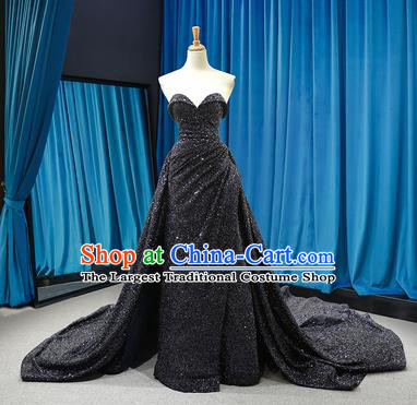 Top Grade Compere Strapless Full Dress Princess Black Paillette Trailing Wedding Dress Costume for Women