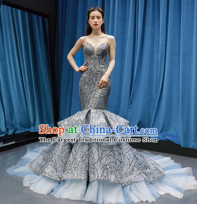 Top Grade Compere Grey Veil Fishtail Full Dress Princess Wedding Dress Costume for Women