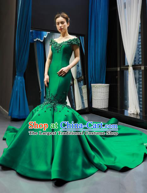 Top Grade Compere Green Satin Fishtail Trailing Full Dress Princess Wedding Dress Costume for Women
