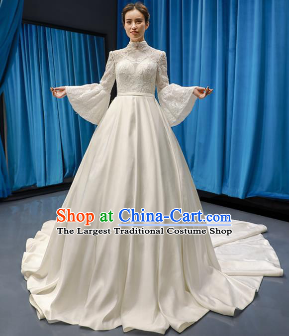 Top Grade Wedding Gown Bride Trailing Full Dress Princess Costume White Lace Dress for Women