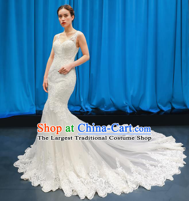 Top Grade Wedding Gown Bride Costume White Lace Trailing Full Dress Princess Dress for Women