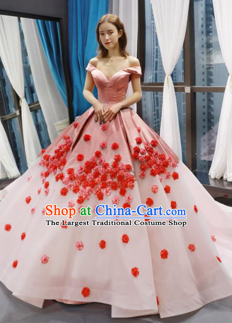 Top Grade Compere Pink Veil Trailing Full Dress Princess Bubble Wedding Dress Costume for Women