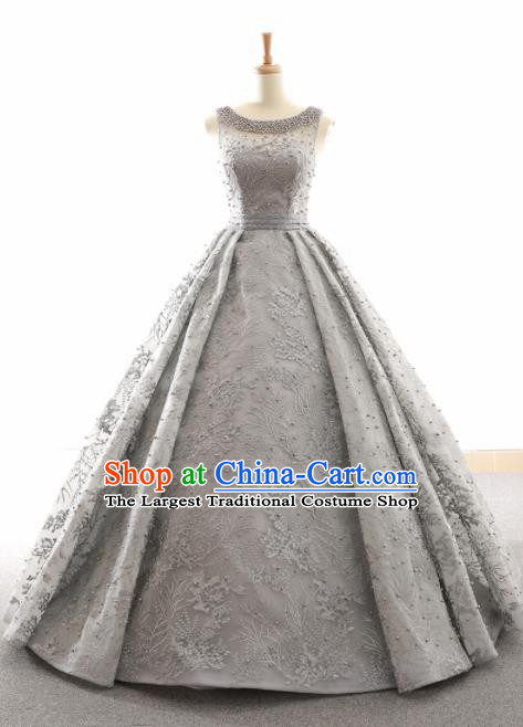 Top Grade Compere Grey Full Dress Princess Embroidered Wedding Dress Costume for Women