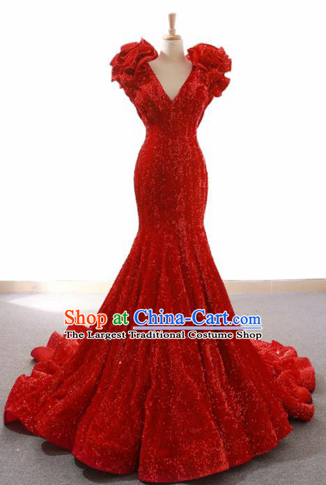 Top Grade Compere Red Trailing Full Dress Princess Fishtail Wedding Dress Costume for Women
