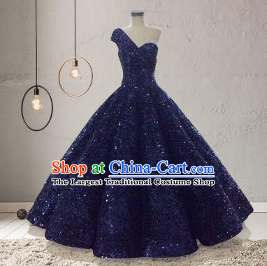 Top Grade Compere Royalblue Veil Paillette Full Dress Princess Embroidered Wedding Dress Costume for Women