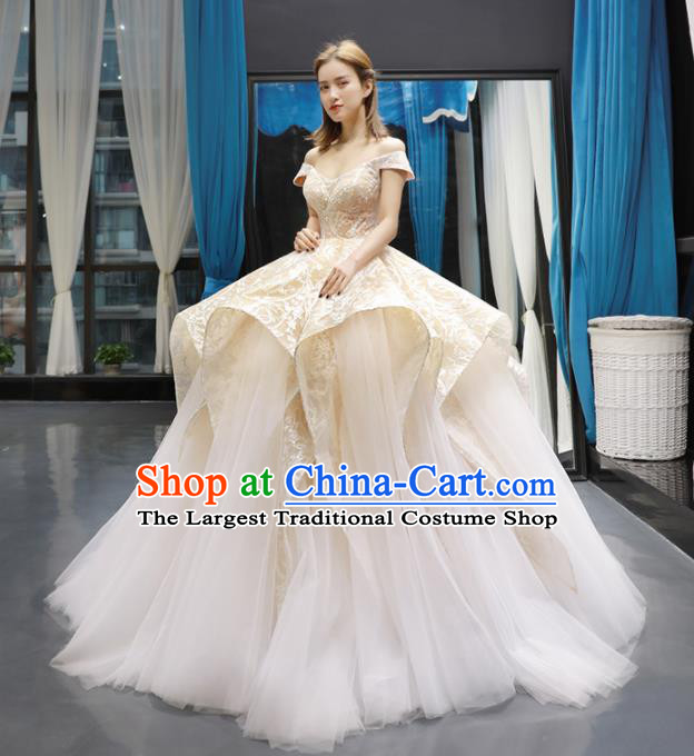 Top Grade Champagne Wedding Gown Bride Costume Veil Trailing Full Dress Princess Dress for Women