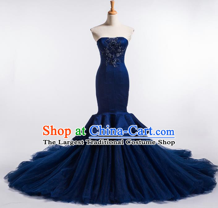 Top Grade Compere Navy Veil Fishtail Full Dress Princess Embroidered Wedding Dress Costume for Women