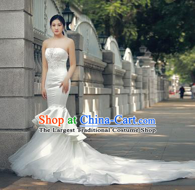 Top Grade Wedding Gown Bride Costume White Veil Fishtail Trailing Full Dress Princess Dress for Women