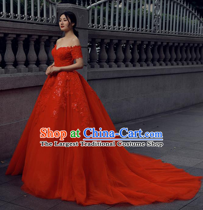 Top Grade Compere Red Bubble Full Dress Princess Embroidered Wedding Dress Costume for Women