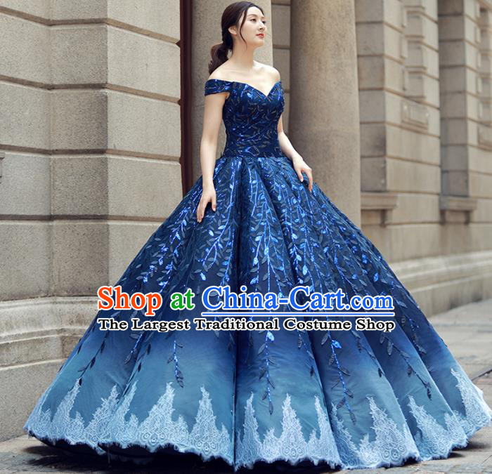 Top Grade Compere Royalblue Bubble Full Dress Princess Embroidered Wedding Dress Costume for Women