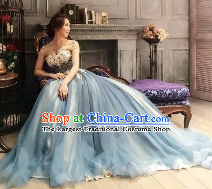 Top Grade Compere Blue Bubble Full Dress Princess Embroidered Wedding Dress Costume for Women