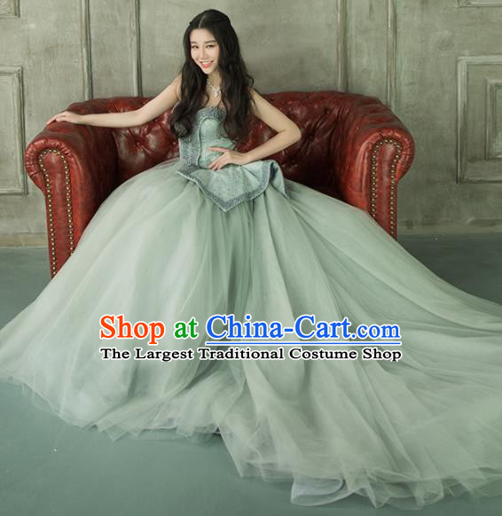 Top Grade Compere Green Veil Trailing Full Dress Princess Embroidered Wedding Dress Costume for Women