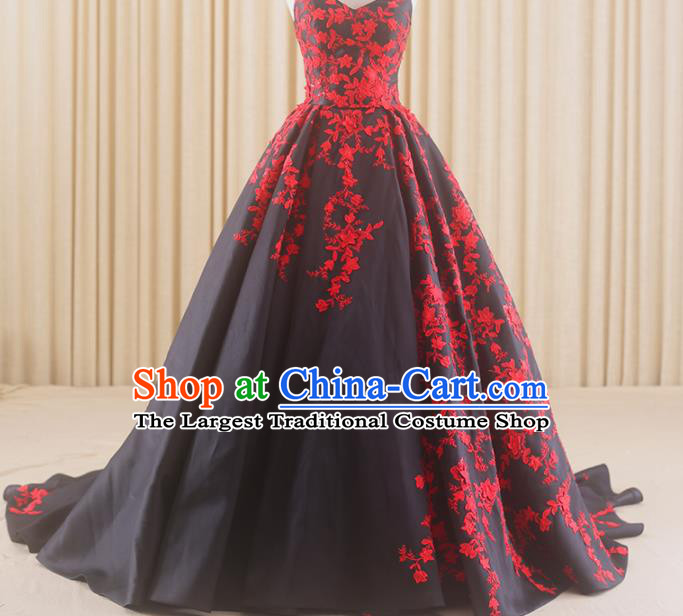 Top Grade Compere Black Trailing Full Dress Princess Embroidered Wedding Dress Costume for Women