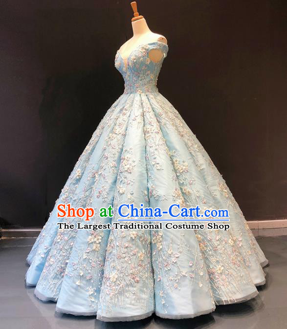 Top Grade Compere Blue Bubble Embroidered Full Dress Princess Wedding Dress Costume for Women