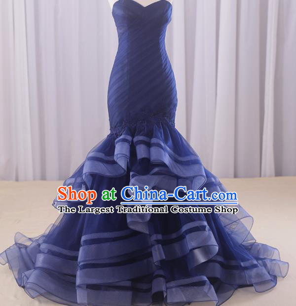 Top Grade Compere Royalblue Veil Fishtail Full Dress Princess Embroidered Wedding Dress Costume for Women