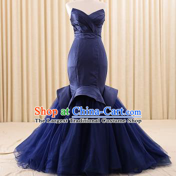 Top Grade Compere Navy Veil Fishtail Trailing Full Dress Princess Embroidered Wedding Dress Costume for Women