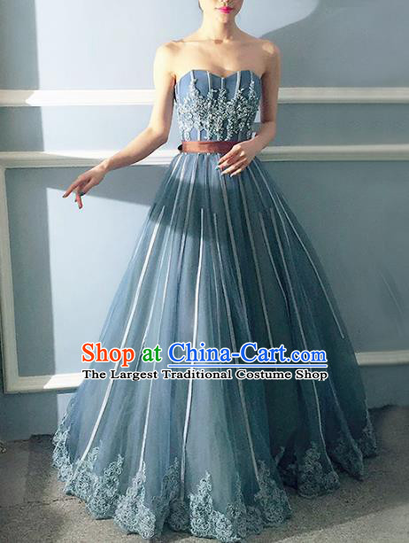 Top Grade Compere Blue Veil Full Dress Princess Embroidered Wedding Dress Costume for Women
