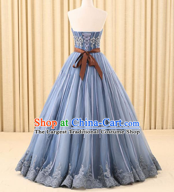 Top Grade Compere Blue Veil Full Dress Princess Embroidered Wedding Dress Costume for Women