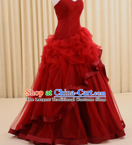 Top Grade Compere Red Veil Full Dress Princess Embroidered Wedding Dress Costume for Women
