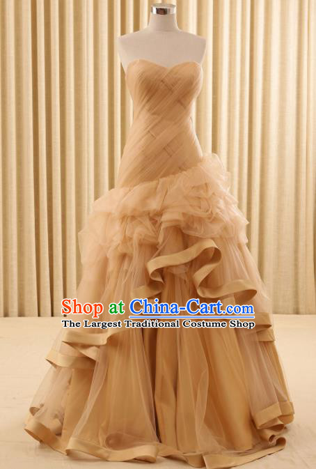 Top Grade Compere Champagne Veil Full Dress Princess Embroidered Wedding Dress Costume for Women