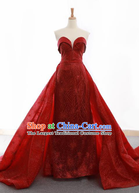 Top Grade Compere Wine Red Veil Trailing Full Dress Princess Embroidered Wedding Dress Costume for Women