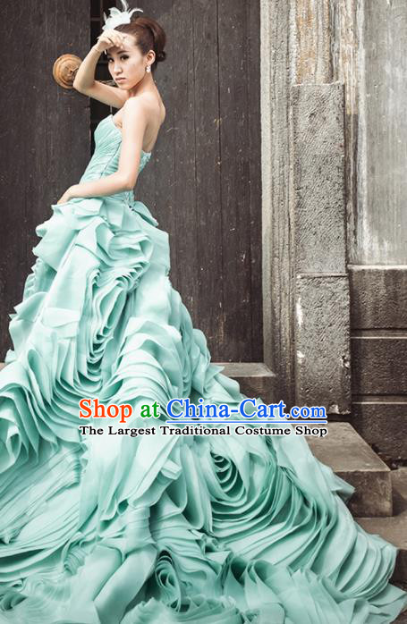 Top Grade Compere Green Rose Full Dress Princess Trailing Wedding Dress Costume for Women