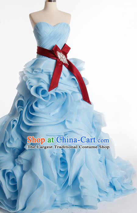 Top Grade Compere Blue Rose Full Dress Princess Trailing Wedding Dress Costume for Women