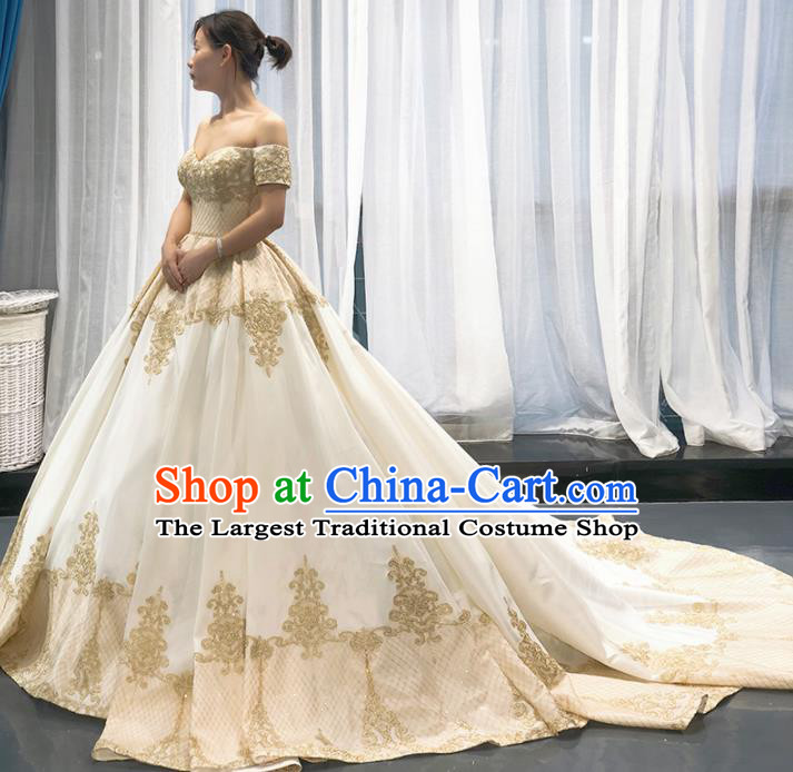 Top Grade Trailing Champagne Wedding Gown Bride Costume Full Dress Princess Dress for Women