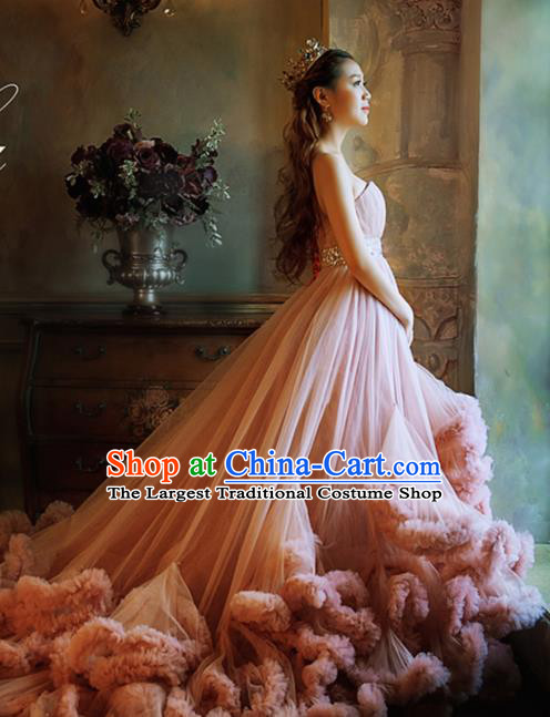 Top Grade Compere Pink Veil Full Dress Princess Trailing Wedding Dress Costume for Women
