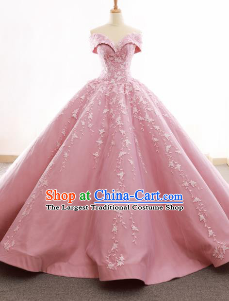 Top Grade Compere Pink Trailing Full Dress Princess Embroidered Wedding Dress Costume for Women